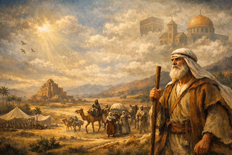A depiction of Abraham leading a caravan through a golden ancient landscape, with camels, tents, and a distant Mesopotamian city. Ethereal symbols of Judaism, Christianity, and Islam appear in the clouds above.