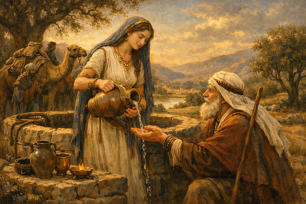 A depiction of Rebekah pouring water for Abraham’s servant beside a stone well, under warm golden light. Camels rest nearby, and the servant gazes at her with reverent awe. The serene landscape includes distant hills, soft clouds, and a tranquil body of water, evoking divine orchestration and mythic clarity.
