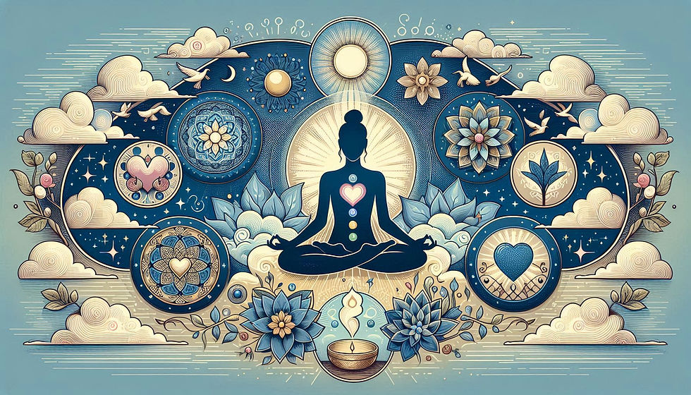 Illustration depicting the spiritual benefits of meditation and prayer, including inner peace, spiritual growth, compassion, guidance, and healing, with symbols representing different religions.