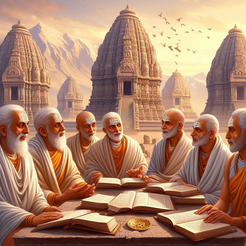 Elders with markings engage in discussion around books, sitting outdoors near ancient stone temples. Serene mood, warm colors, birds in sky.