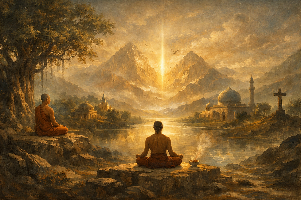 Painterly landscape illustrating the spiritual unity of meditation and prayer across global faiths. In the foreground, a Buddhist monk sits beneath an ancient Bodhi tree, and a Hindu yogi meditates on a stone platform facing a radiant light between distant mountains. To the right, an Islamic mosque with a domed roof and slender minaret stands beside a calm river, while a Christian cross rises on a hill beyond. A small Jewish temple nestles among trees to the left. Golden light fills the sky, reflecting on the river and illuminating the figures in quiet harmony. The image symbolizes humanity’s shared pursuit of inner peace, devotion, and divine connection.