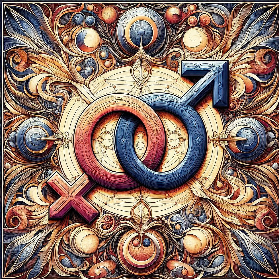 Intertwined male and female symbols in red and blue on an ornate background with swirling patterns and warm, earthy tones.