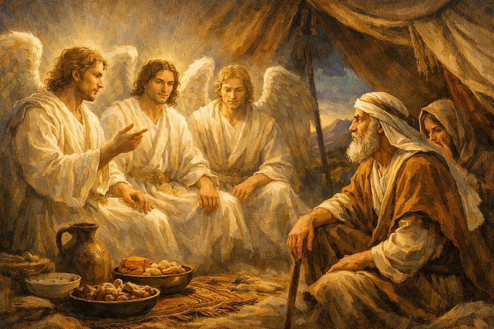 A depiction of of Abraham and Sarah seated inside a tent, receiving three radiant angelic visitors. The angels wear flowing robes and emit golden light, while Abraham listens attentively and Sarah peeks from behind, her hand over her mouth in awe. A rustic meal is laid before them, and the tent glows with divine warmth.