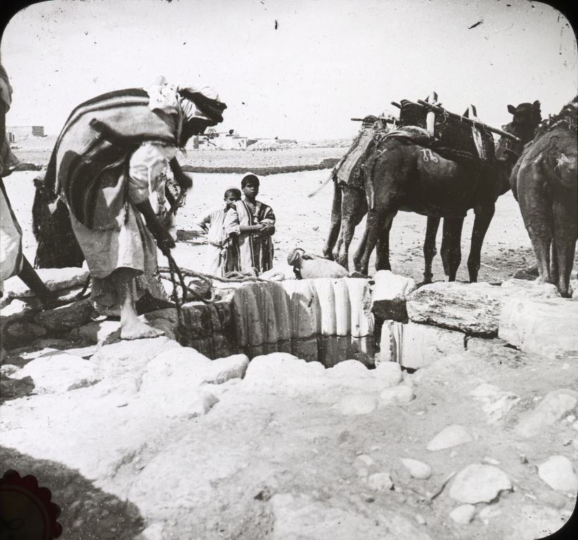 A black‑and‑white early 1900s photograph showing several people and camels gathered around a stone‑lined well in the Beersheba region. One man leans over the circular well opening to draw water while others stand nearby, with pack‑laden camels resting behind them. The barren landscape and distant low structures emphasize the well’s importance as a vital water source in the desert.