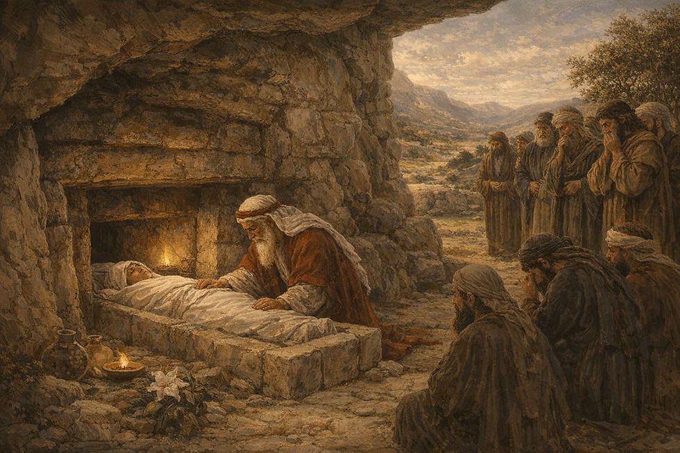 Abraham, dressed in a red cloak and white robe, kneels beside Sarah’s shrouded body in a stone burial niche inside the cave of Machpelah. Mourners in ancient attire gather solemnly outside the cave entrance, surrounded by rocky terrain and golden hills under soft sunlight. An oil lamp and white lily rest near the tomb, symbolizing remembrance and purity.