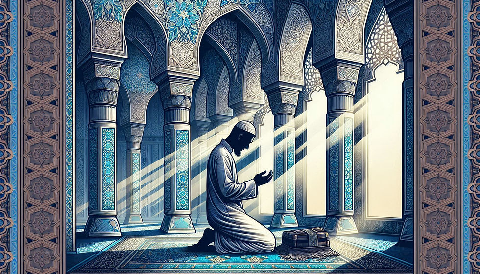 Illustration of a Muslim individual performing Salat, facing Mecca and engaging in physical postures and recitations from the Quran, symbolizing submission to Allah and spiritual connection.