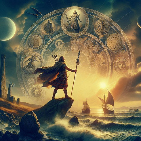 A serene and respectful historical illustration representing the Scottish Paganism Timelin