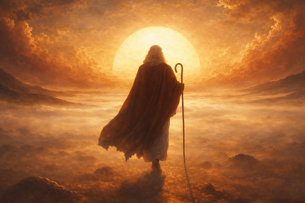 A depiction of Abraham from behind, cloaked in flowing robes and holding a shepherd’s staff, walking toward a glowing sun on the horizon. The landscape is misty and ethereal, with distant mountains and golden light casting long shadows. The atmosphere evokes a mythic journey, spiritual resolve, and the closing chapter of a sacred life.