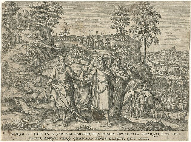 A 16th–17th‑century etched scene depicting Abraham and Lot parting ways. In the foreground, the two patriarchs stand facing one another in a moment of solemn farewell. Behind them, Lot’s family and belongings begin their journey toward the Jordan Valley. The landscape is rendered in fine etched lines, with distant hills, grazing animals, and clustered tents suggesting the strain of shared land. The composition conveys quiet tension and the gravity of separation, echoing the narrative of Genesis 13.