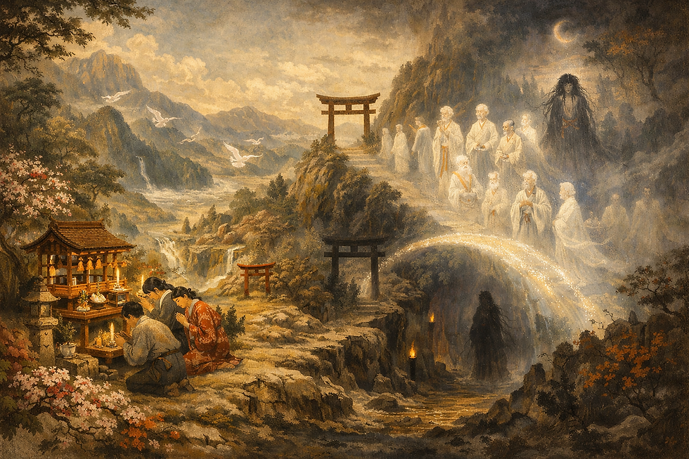 Illustration of Shinto afterlife beliefs. On the left, a Japanese family kneels before a kamidana shrine surrounded by cherry blossoms, offering rice and incense. A red torii gate marks the entrance to the spirit realm. A misty slope leads to Yomi, the shadowy land of the dead, where ancestral spirits in white kimono cross a luminous bridge. Izanami, the goddess of death, stands in the distance, shrouded in darkness. The image evokes a mythic threshold between worlds, honoring the connection between family, land, and ancestral kami.
