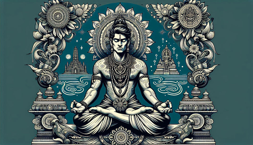 Illustration of a Hindu practitioner meditating in a lotus position, focusing on a mantra or deity, symbolizing the union with the divine (Brahman) and the goal of self-realization.