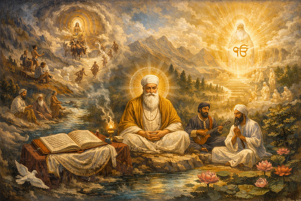 Illustration depicting Sikh beliefs about the afterlife. Guru Nanak sits in calm meditation with a soft golden halo, surrounded by mountains, river light, and lotus flowers. To one side, two devotees offer music and prayer; to the other, an open scripture rests on a draped platform with incense rising. A white dove stands in the foreground. In the distance, luminous figures ascend toward a radiant divine presence, symbolizing the soul’s movement through reincarnation toward union with the One. The overall atmosphere is warm, painterly, and contemplative.