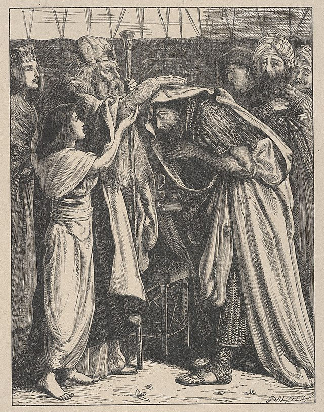 A detailed engraving showing Melchizedek, robed and crowned, extending a blessing over Abraham, who bows respectfully before him. Attendants stand nearby within a tent-like setting, observing the sacred exchange. The scene emphasizes reverence, priestly authority, and the solemnity of this biblical moment.