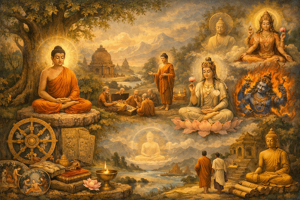 A depiction of Siddhartha Gautama meditating beneath the Bodhi tree, surrounded by radiant light. Monks gather nearby as the Dharmachakra turns in the foreground, symbolizing the Eightfold Path. Misty mountains and ancient stupas rise in the distance under a golden dawn. The scene evokes the Buddhist journey from suffering to awakening, blending Theravada simplicity, Mahayana compassion, and Vajrayana transcendence into one luminous landscape.