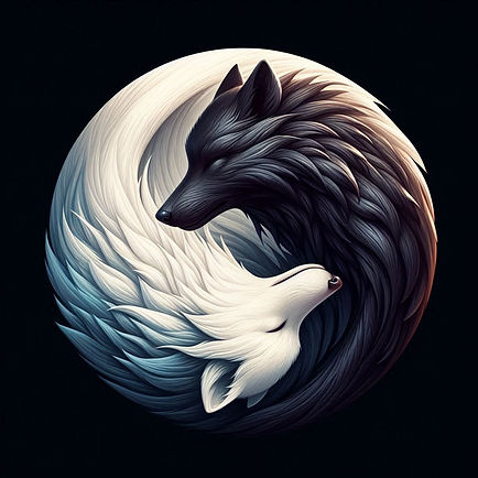 Two stylized wolves, one black and one white, form a yin-yang shape against a dark background, symbolizing balance and harmony.