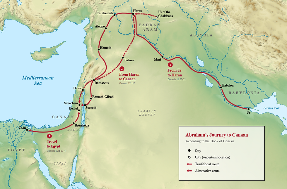 A historical map illustrating Abraham’s journey from Ur to Haran, then into Canaan and onward to Egypt. The map shows major ancient regions such as Babylonia, Assyria, Paddan Aram, Canaan, and Egypt, along with key cities including Ur, Haran, Damascus, Shechem, Bethel, and Beersheba. Solid and dashed red lines trace the traditional and alternative routes described in Genesis, set against the surrounding deserts, rivers, and the Mediterranean coastline.