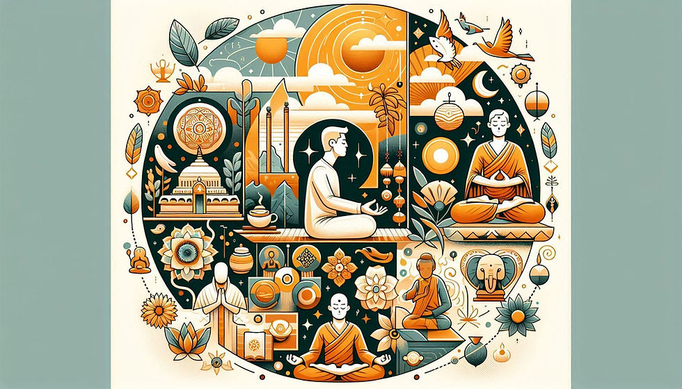 Illustration depicting meditation and prayer in various religious traditions, including Buddhism, Hinduism, Christianity, Islam, and Judaism, highlighting their spiritual significance and benefits.