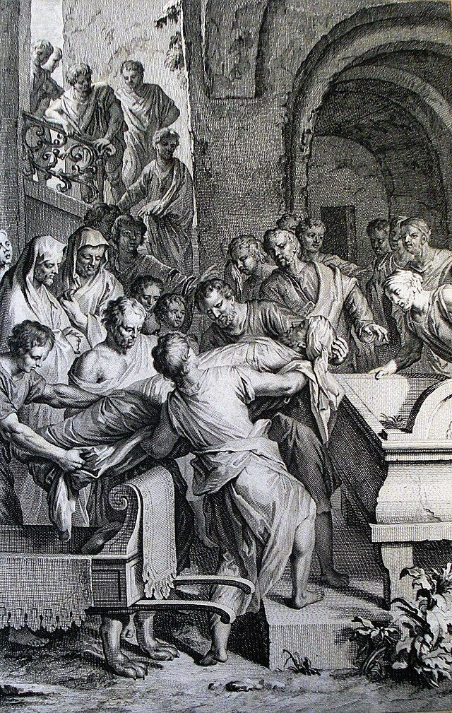 A classical engraving depicting the final moments of Abraham’s life, surrounded by figures in flowing robes, rendered in the detailed linework of Gerard Hoet.
