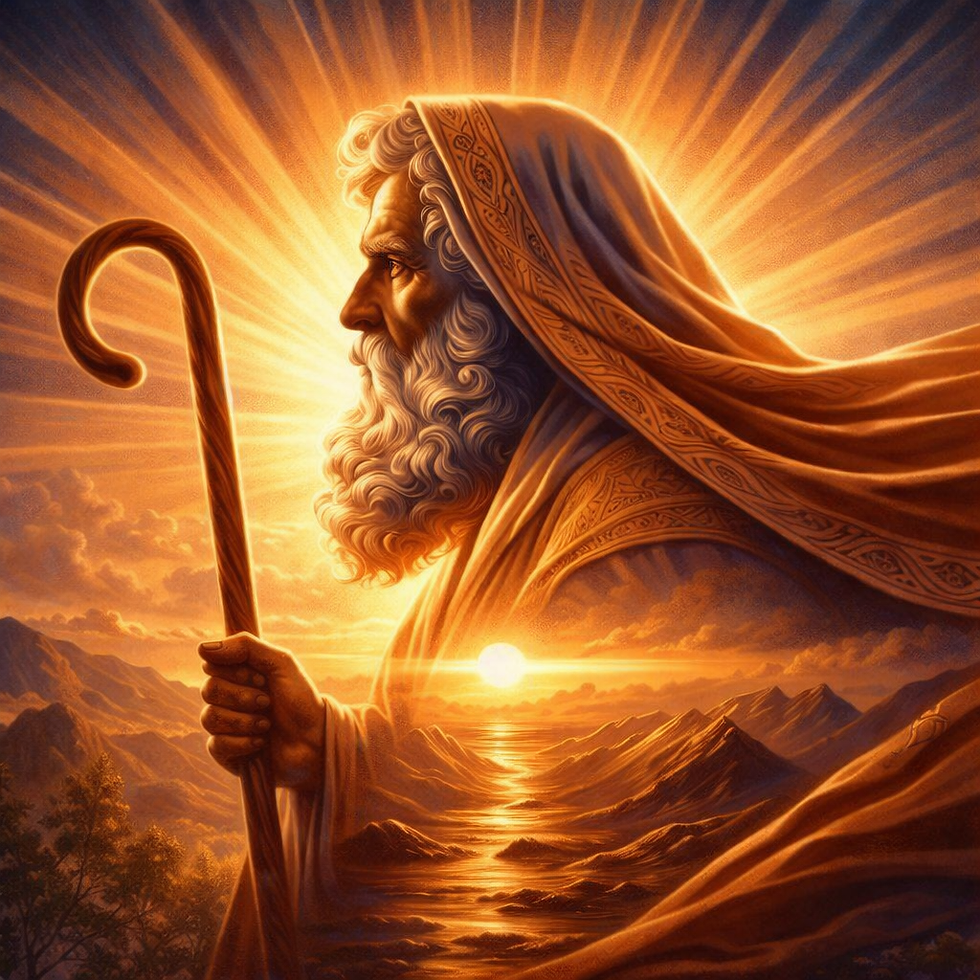 Elderly man with a staff, in profile, against a radiant sunset. His robe flows as light beams surround him, creating a serene, mystical mood.