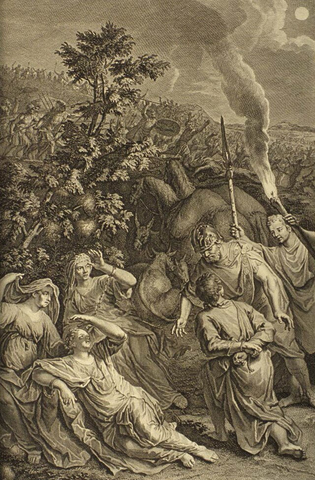 An engraved biblical scene showing Abraham leading a small band of men in a dramatic rescue of Lot. In the foreground, distressed figures gesture toward the chaos, while armed soldiers and horses surge across a hillside in the background. The composition captures the intensity of battle and Abraham’s decisive intervention as he recovers Lot from captivity.