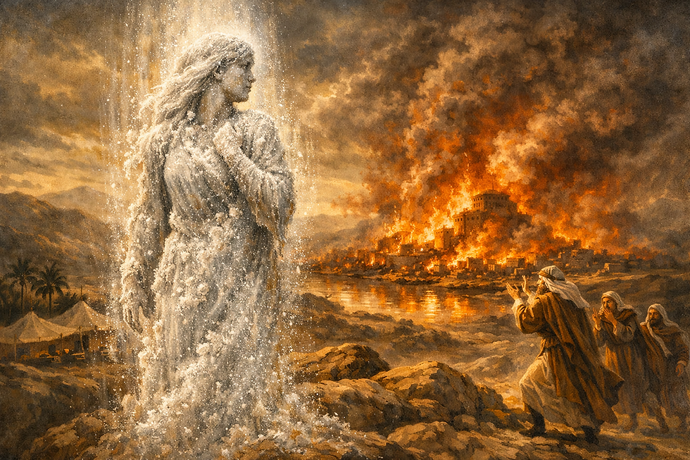 Lot's wife is transformed into a pillar of salt, gazing back at the fiery destruction of a city in a dramatic biblical scene.