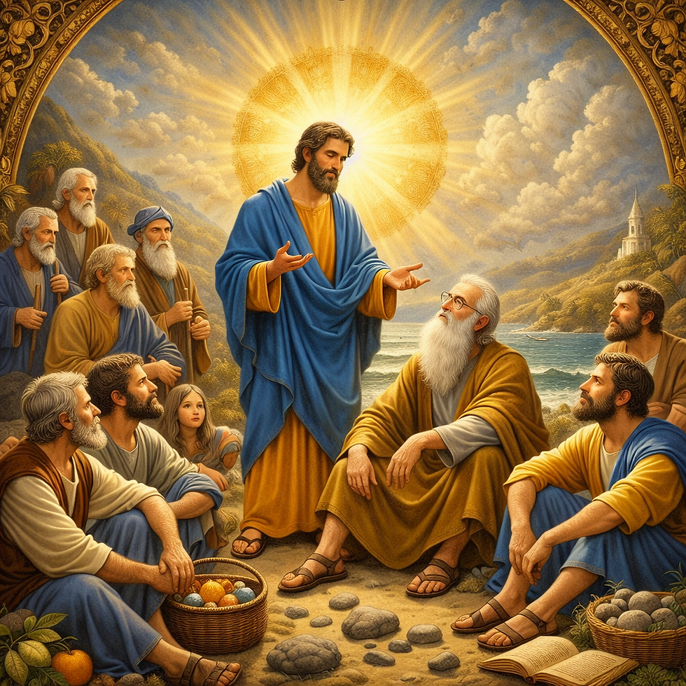 depiction of Apostle Paul preaching by the sea, framed by golden arches. Paul stands in radiant light, wearing blue and orange robes, addressing a group of men and women in ancient attire. Each face is clear and expressive, set against a coastal landscape with fruit basket, scroll, and distant tower.