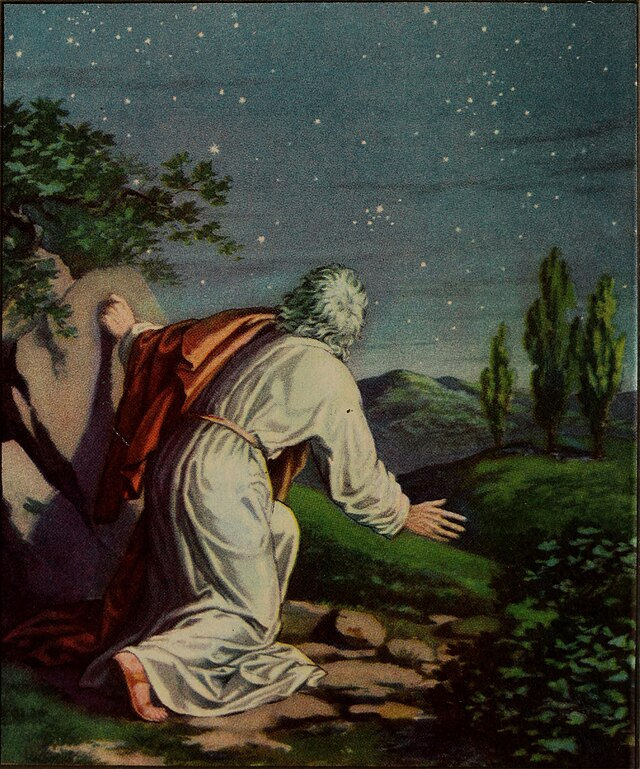 An elderly Abraham stands beneath a star‑filled night sky, leaning on a rock as he gazes upward in awe. Dressed in flowing robes with a cloak draped over his shoulders, he is surrounded by a quiet landscape of grass, stones, and distant hills. The scene captures the moment of God’s covenant, emphasizing contemplation, promise, and divine encounter.