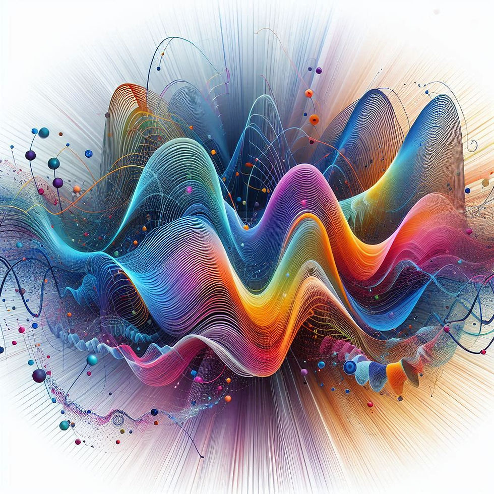 Colorful abstract waves and lines in motion, with swirling patterns and vibrant hues of blue, orange, and pink, creating a dynamic feel.