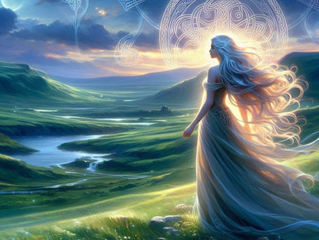 A woman with flowing hair stands on a grassy hill, overlooking a glowing valley. Celtic patterns swirl in the sky, creating a mystical scene.