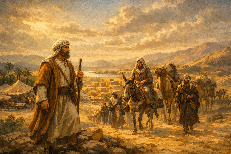 A depiction of Abraham guiding a caravan through a vast ancient landscape. He walks ahead with a staff, followed by camels, donkeys, and figures including Sarah and Lot. The terrain is warm and expansive, with distant hills, tents, and a golden sky evoking the mythic scale of the journey.
