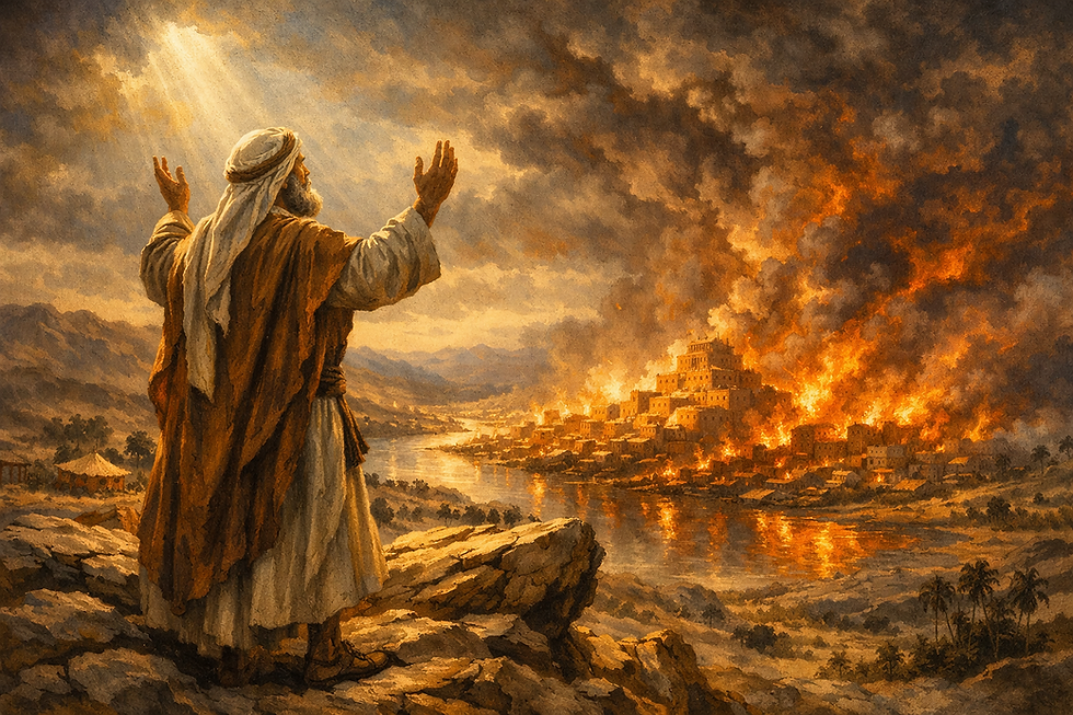 A depiction of Abraham on a rocky hill, arms lifted in prayer as he overlooks the burning cities of Sodom and Gomorrah. The valley below is engulfed in flames and smoke, with lightning streaking through the clouds and a divine beam of light illuminating Abraham’s figure.