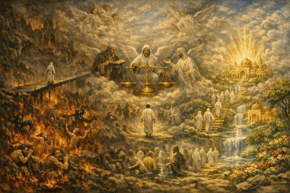 A depiction of Islamic beliefs about the afterlife. On the left, a lone soul in white crosses the Sirat bridge above Jahannam, a fiery abyss filled with tormented spirits and demonic figures. In the center, an angel with outstretched wings holds the golden scales of Mizan, weighing the soul’s deeds. Beside the angel, figures consult the Book of Deeds while others gesture toward the soul. Above, angels observe from radiant clouds. On the right, Jannah glows with golden light — souls in white robes ascend through lush gardens, flowing rivers, and flowering trees toward domed palaces under a serene sky.