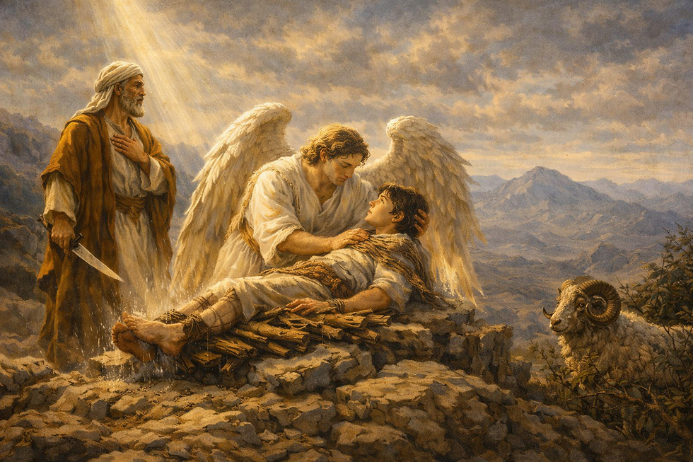A depiction of Abraham on Mount Moriah, lowering his knife as an angel gently comforts Isaac, who lies bound on a stone altar. A ram stands caught in a thicket nearby.
