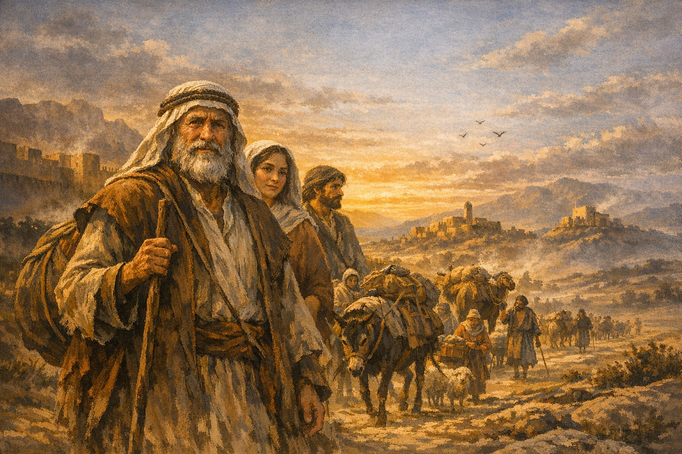 A depiction of Abraham walking at dawn, leading his household out of an ancient Mesopotamian city. He carries a staff and wears a weathered robe and headscarf. Behind him are Sarah, Lot, and a caravan of people with camels, donkeys, and livestock, laden with possessions. The city walls and ziggurat rise in the background, bathed in golden light. The landscape opens into distant hills under a glowing sky, evoking the mythic beginning of a sacred journey.