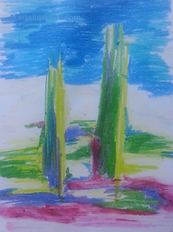 Abstract oil pastel drawing with two pillars of green against a skyline of blue