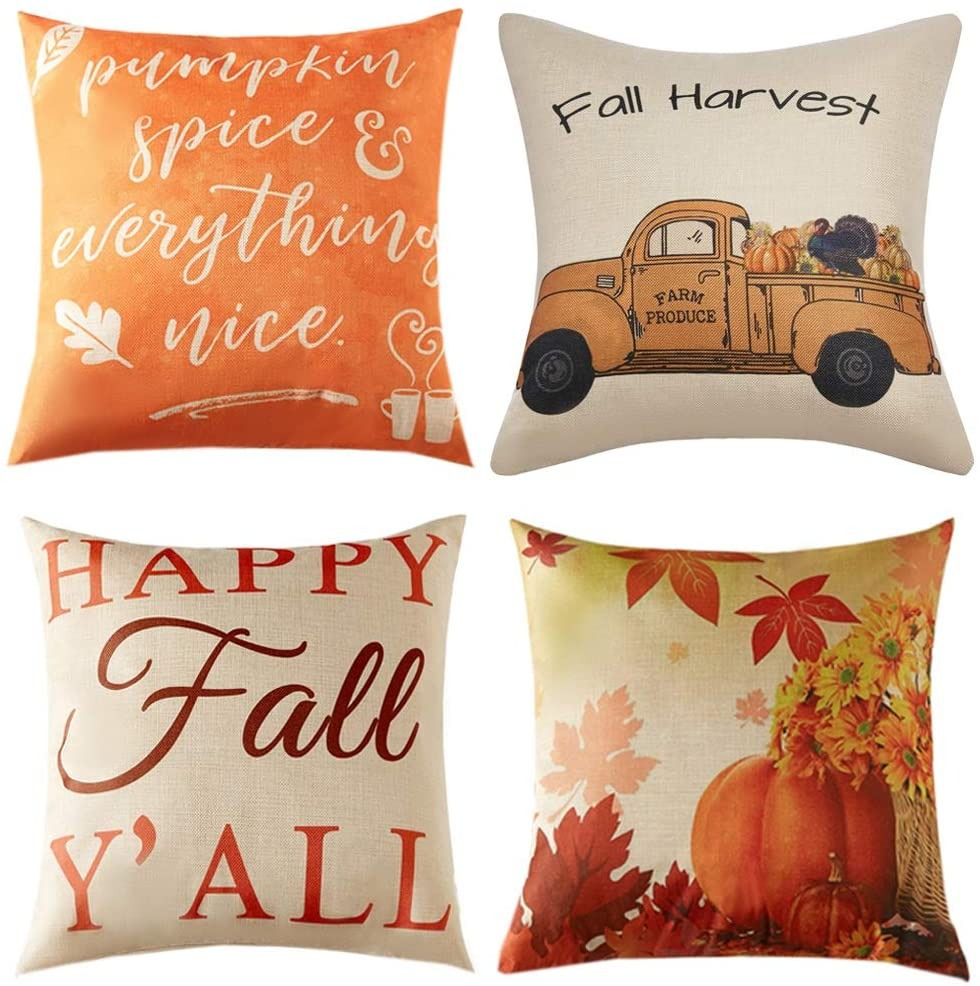 Fall Pillow Covers 18x18 Set of 4 Autumn Harvest Pumpkin Theme