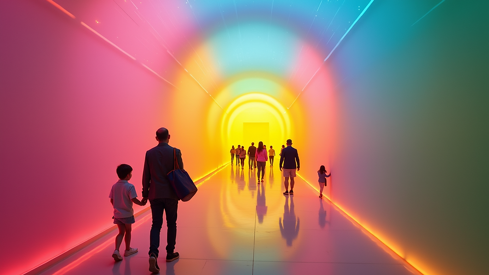 High angle view of visitors walking through a colorful immersive art space
