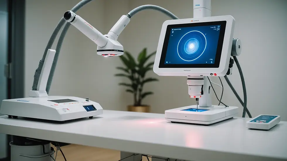 Eye-level view of a laser treatment machine in a serene clinic