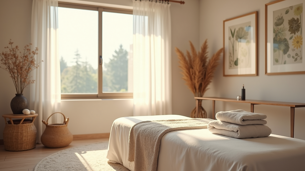 Wide angle view of a serene therapy room with calming decor