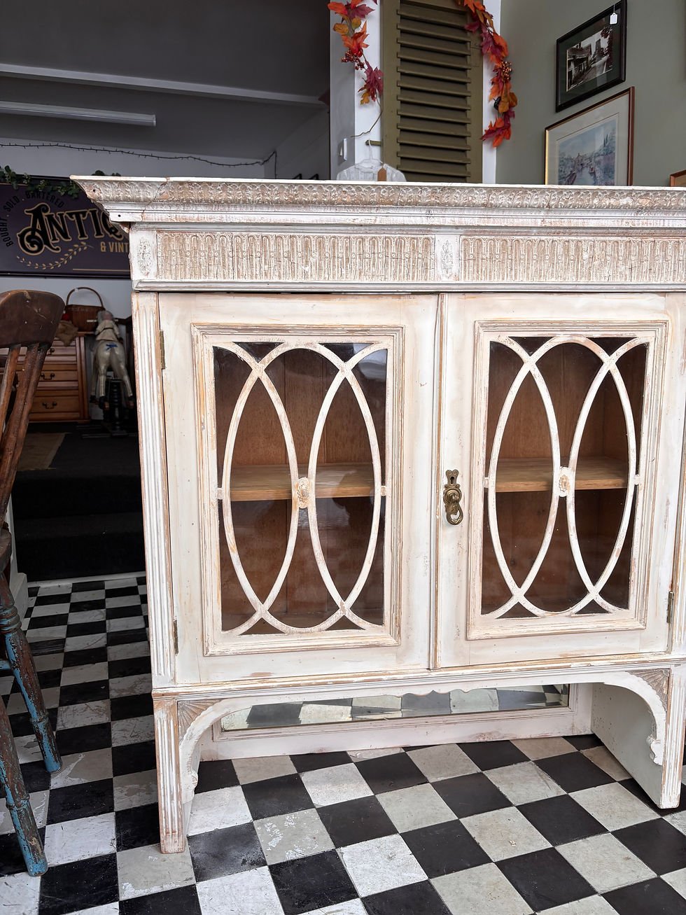 Thumbnail: Distressed 19th century glass cabinet 