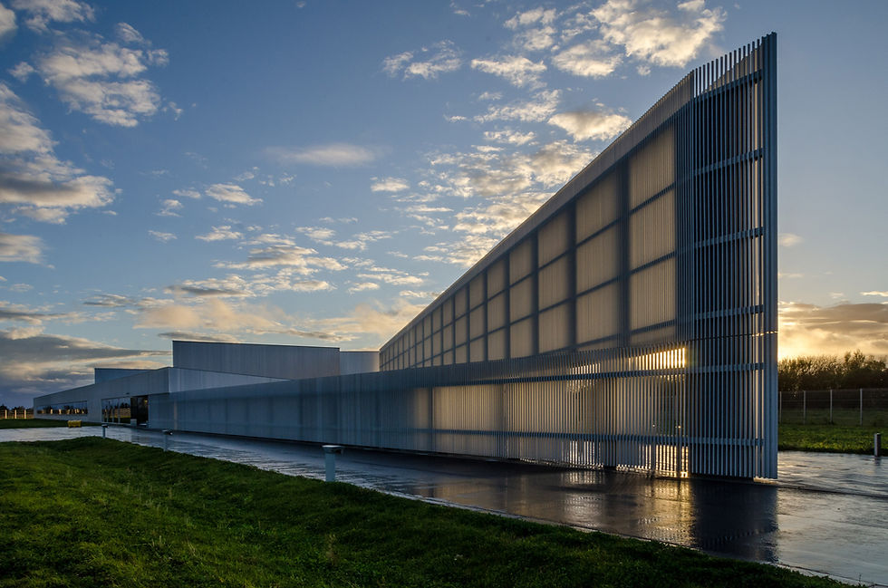 The angular facade of the NDA archive as it catches the light from a golden sunset
