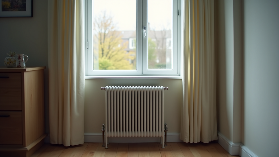 Eye-level view of a modern UK home radiator under a window