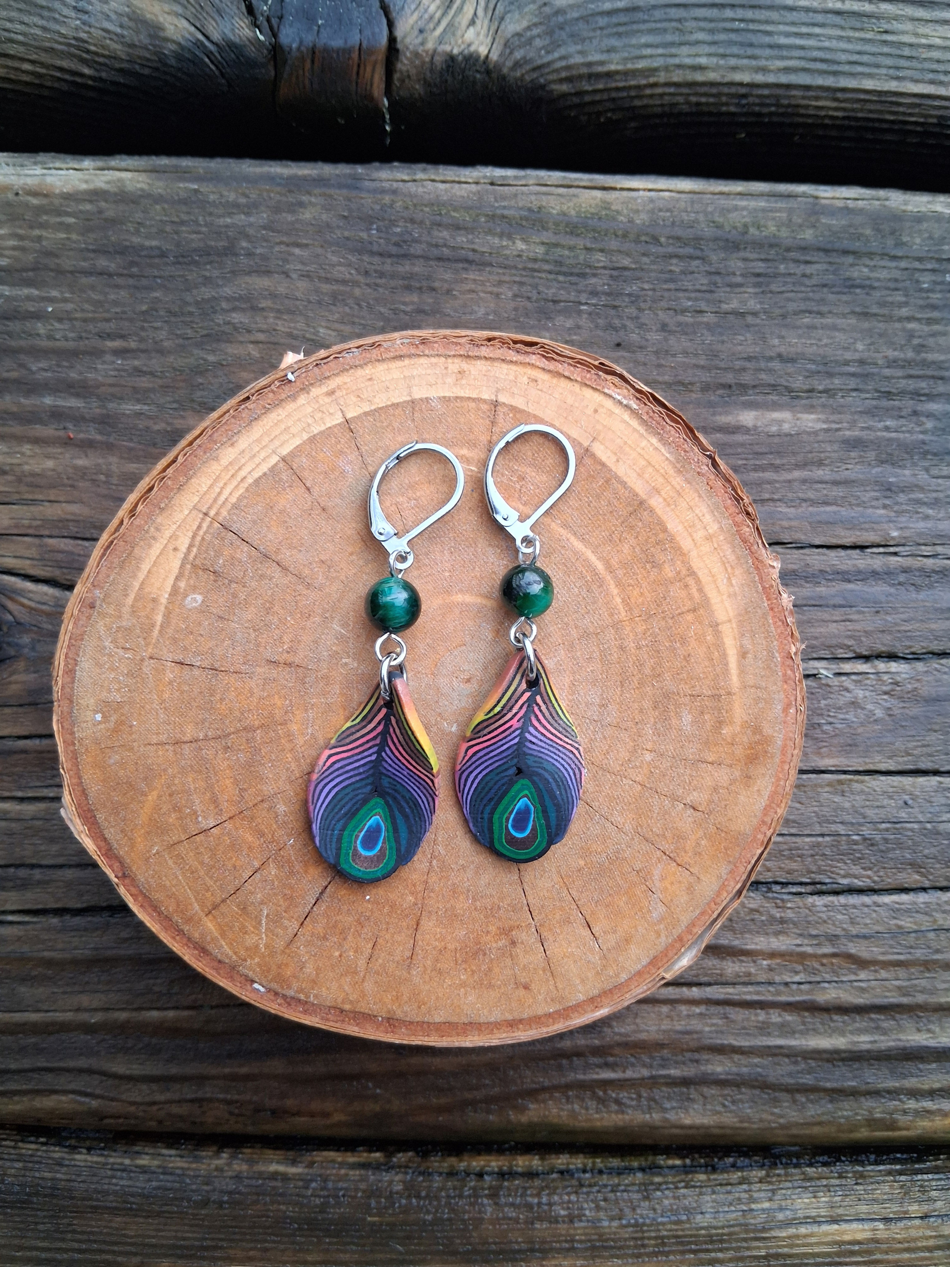 Technicolor Peacock Feather Earrings