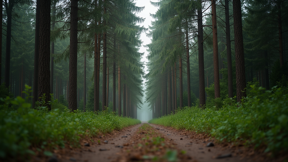 Eye-level view of a serene forest path surrounded by tall trees