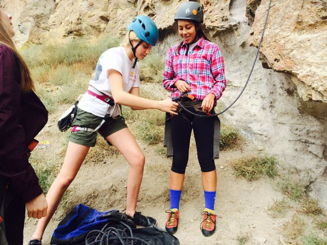 The tasks assigned to students during the Junior Challenge required partners and teams. Blair Roessel (left) and Addie Buchanan learned that strength sometimes comes from asking for help and being willing to depend on and trust each other.