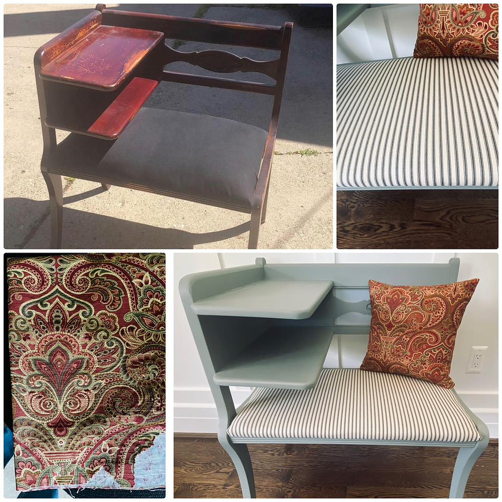Thumbnail: Prewar Gossip Bench - Sage Paint & Black Ticking Fabric