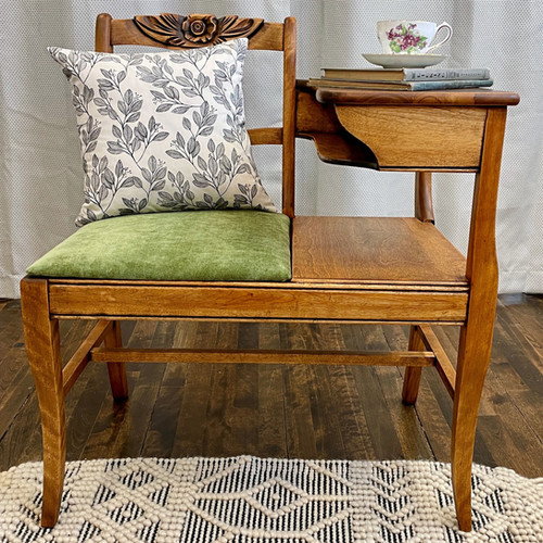 Solid Wood Roseback Gossip Bench With Moss Green Chenille Dee Dee's