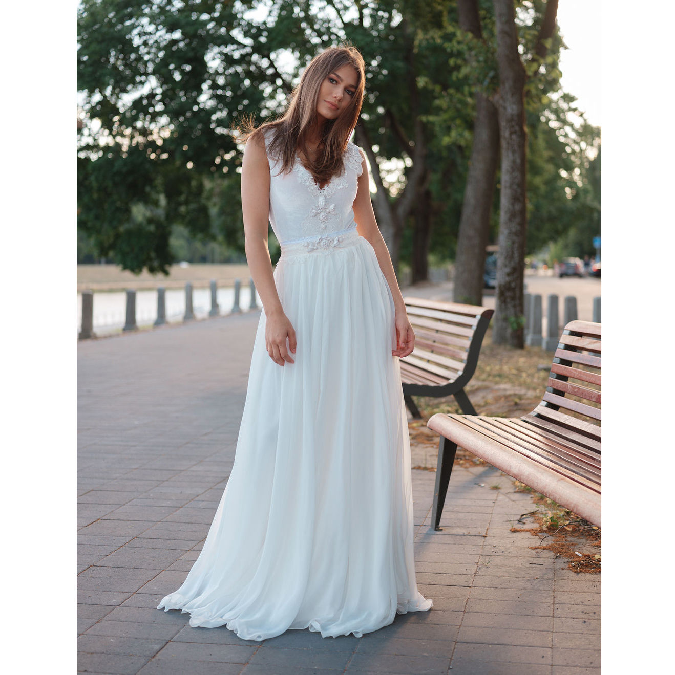 Wedding dress "Sunbird", decorated with lace and 3D vintage flower deco