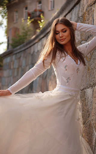 Long sleeves dress "Colibri", decorated with birds lace, flowers, beaded