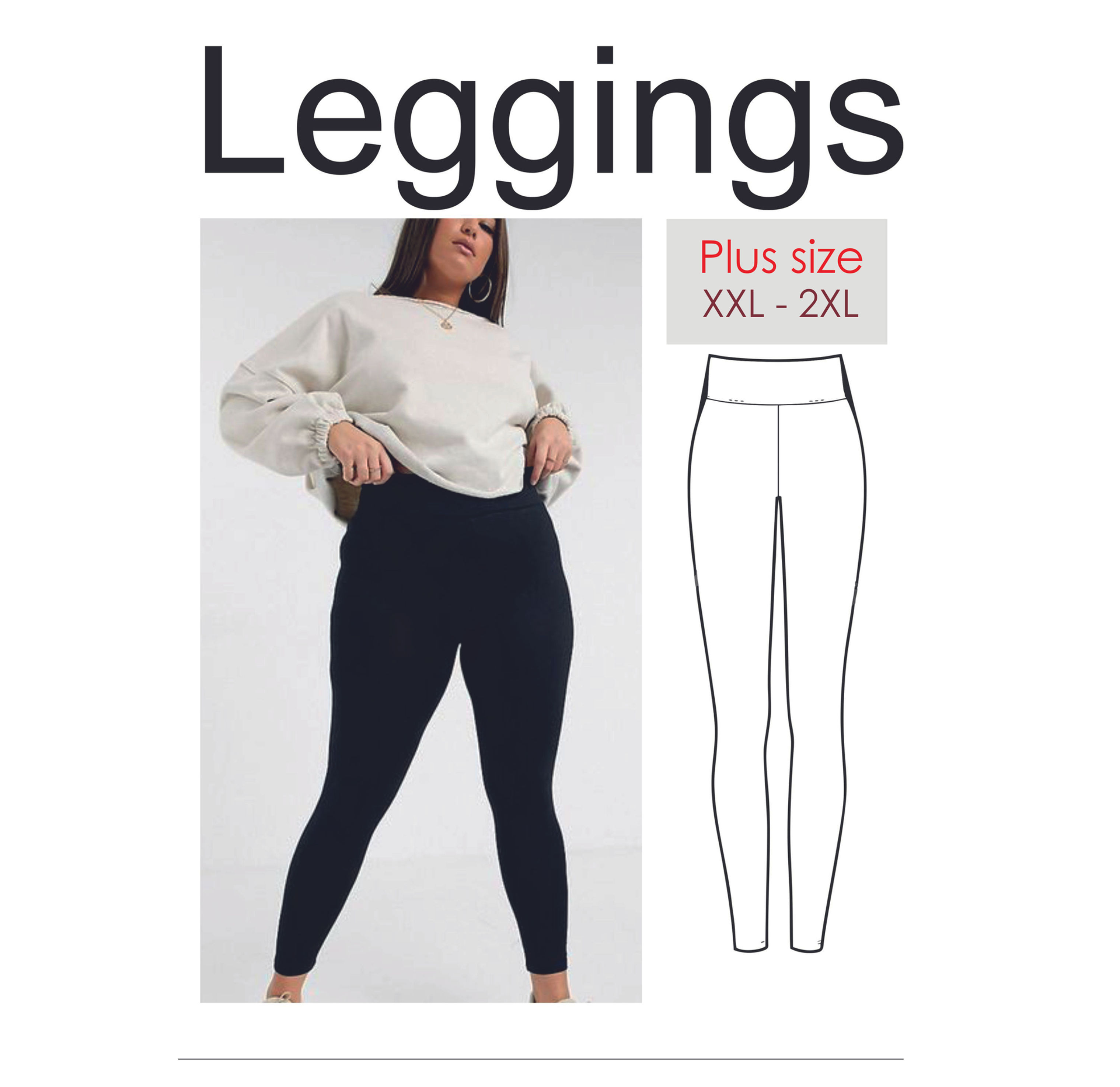PDF leggings pattern, pants pattern for beginners plus size X - 2XL, DIY